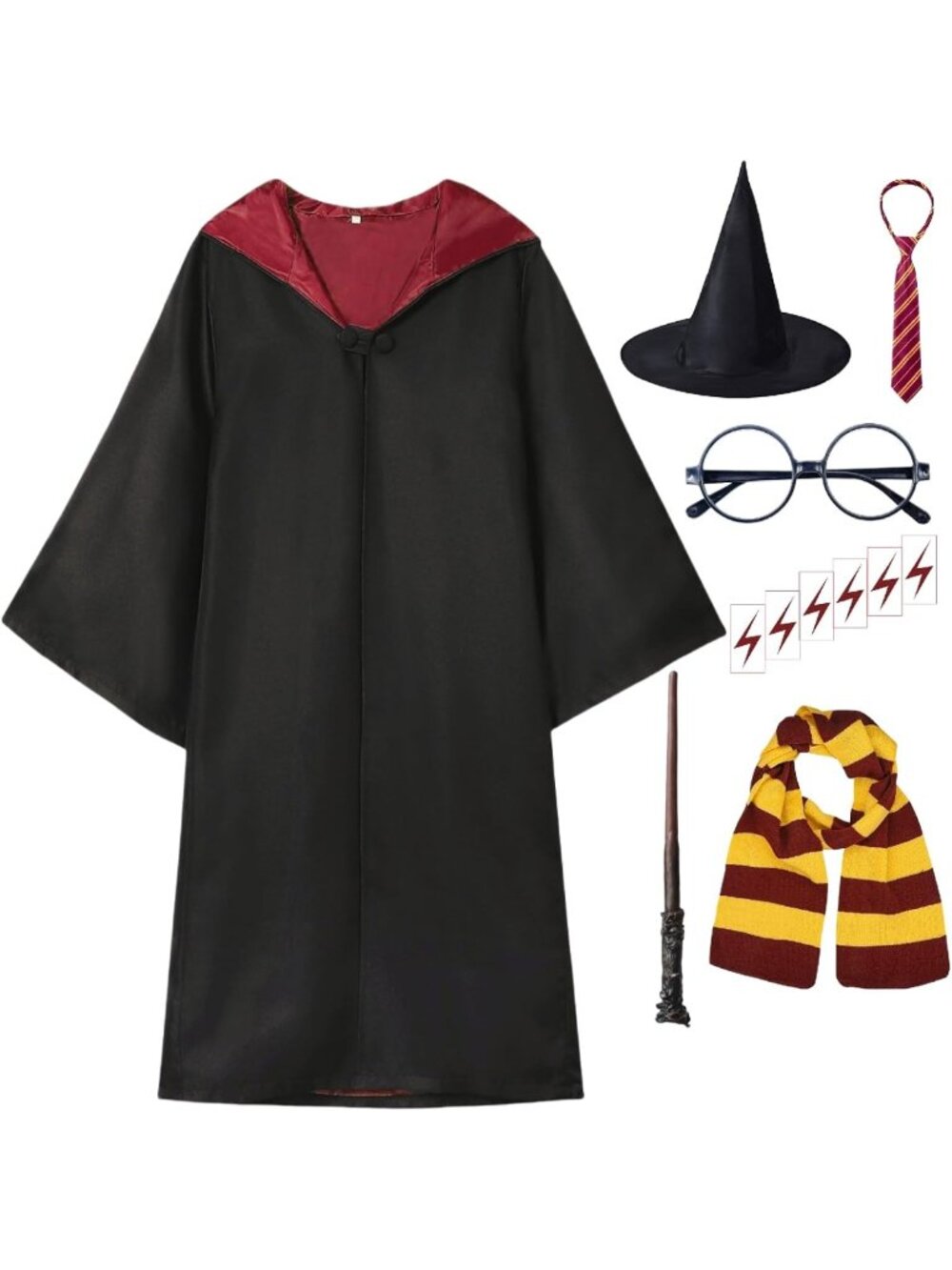 Kids Wizard Costume Set - Robe, Wand, Tie, Scarf, Hat & Glasses for Halloween